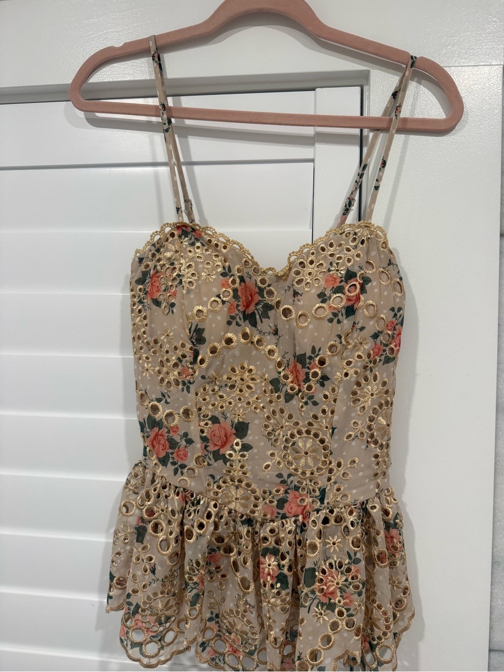 Floral Eyelet Lace Peplum Dress - Beige with Rose Print